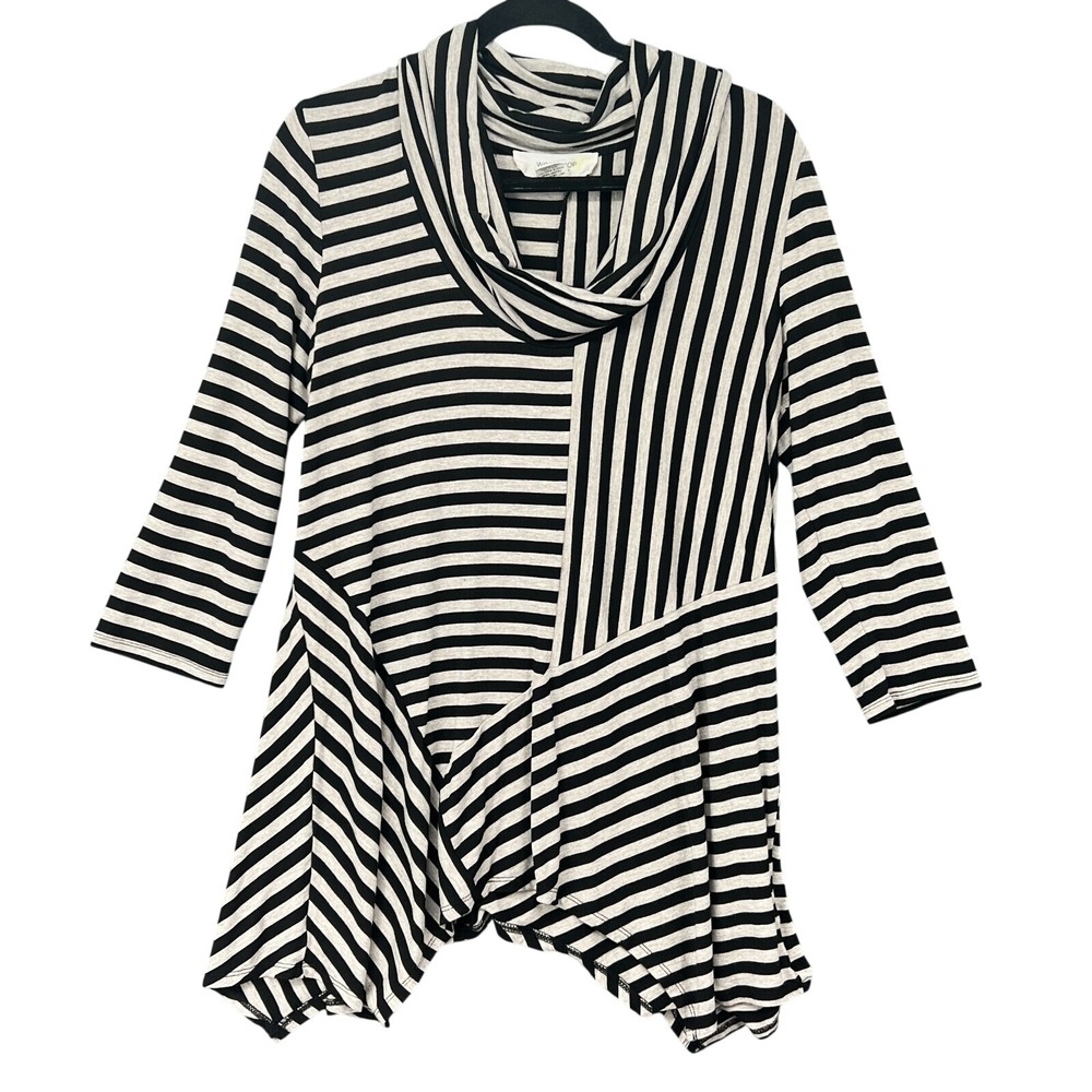 Workshop Republic Top Womens L Black Tan Stripe Asymmetrical Lagenlook Tunic